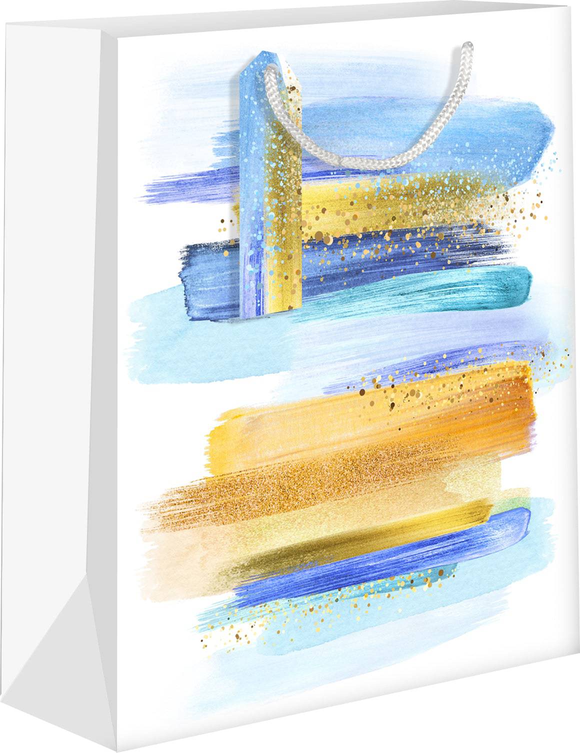 Blue and gold medium gift bag from Pictura with decorative handles, ideal for wrapping gifts for special occasions.